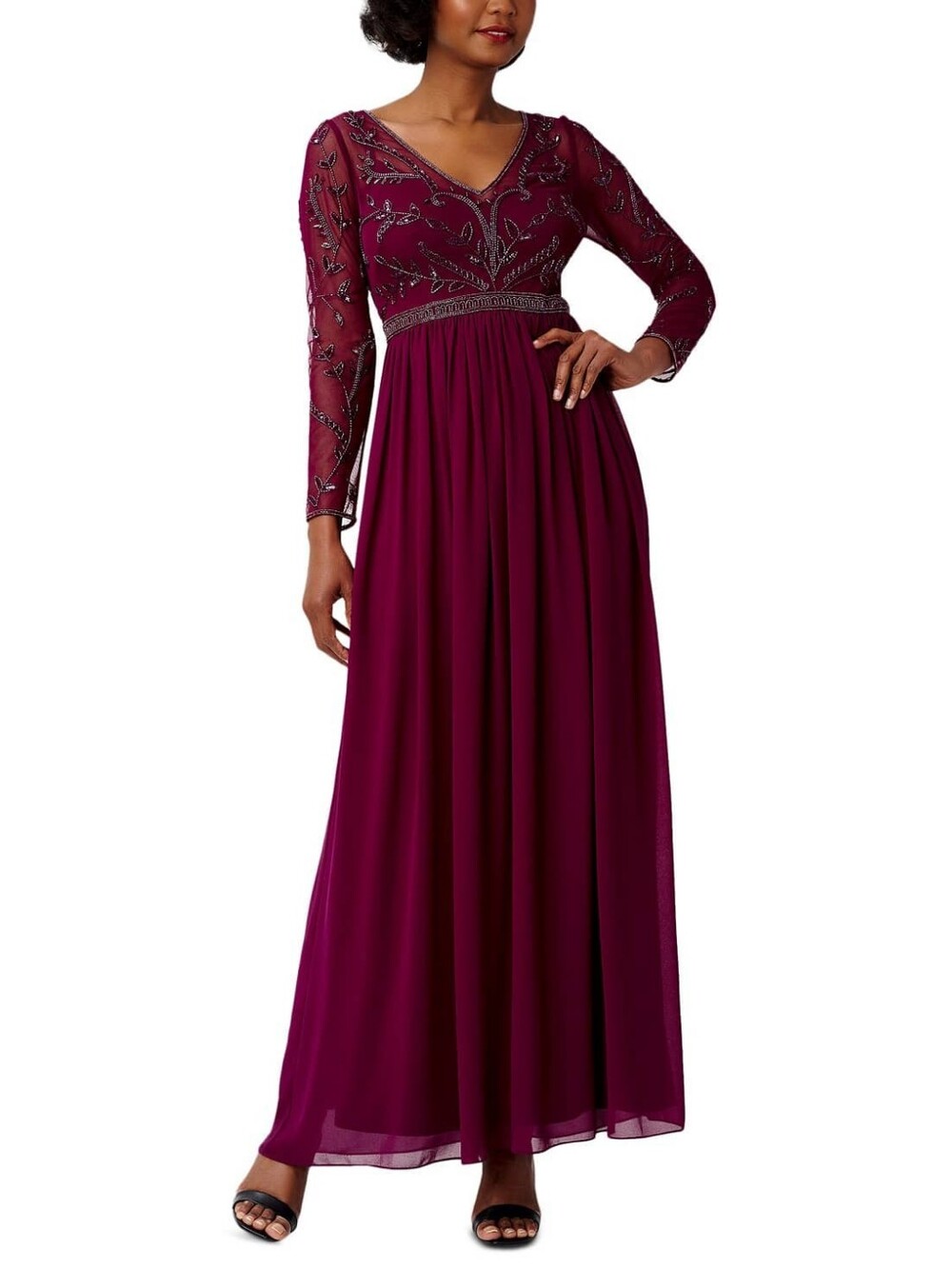 Adrianna Papell Women’s Bordeaux Beaded Bodice Long Sleeve Gown Dress